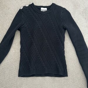 Ganni Black Cable Knit Sweater with Embellished Shoulder